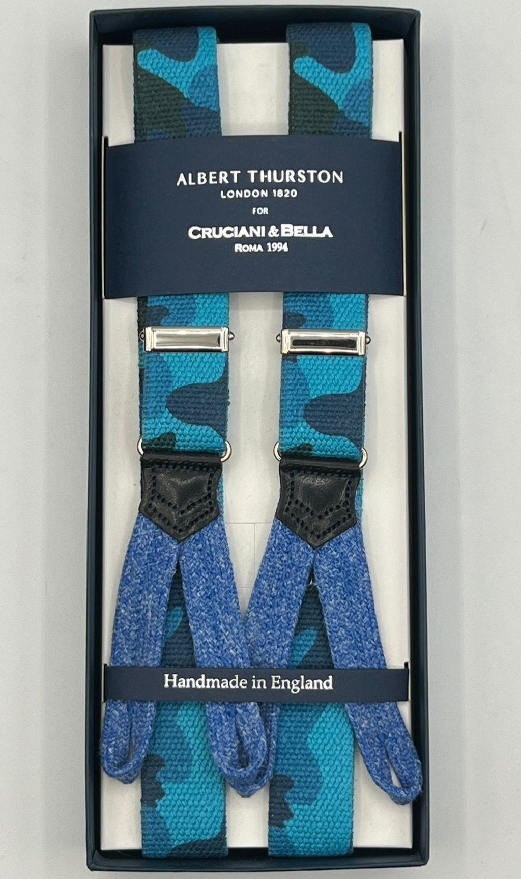Albert Thurston for Cruciani & Bella Made in England Adjustable Sizing 25 mm elastic braces Blue , Azure Military Motif Braid ends Y-Shaped Nickel  Fittings Size: L
