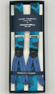 Albert Thurston for Cruciani & Bella Made in England Adjustable Sizing 25 mm elastic braces Blue , Azure Military Motif Braid ends Y-Shaped Nickel  Fittings Size: L