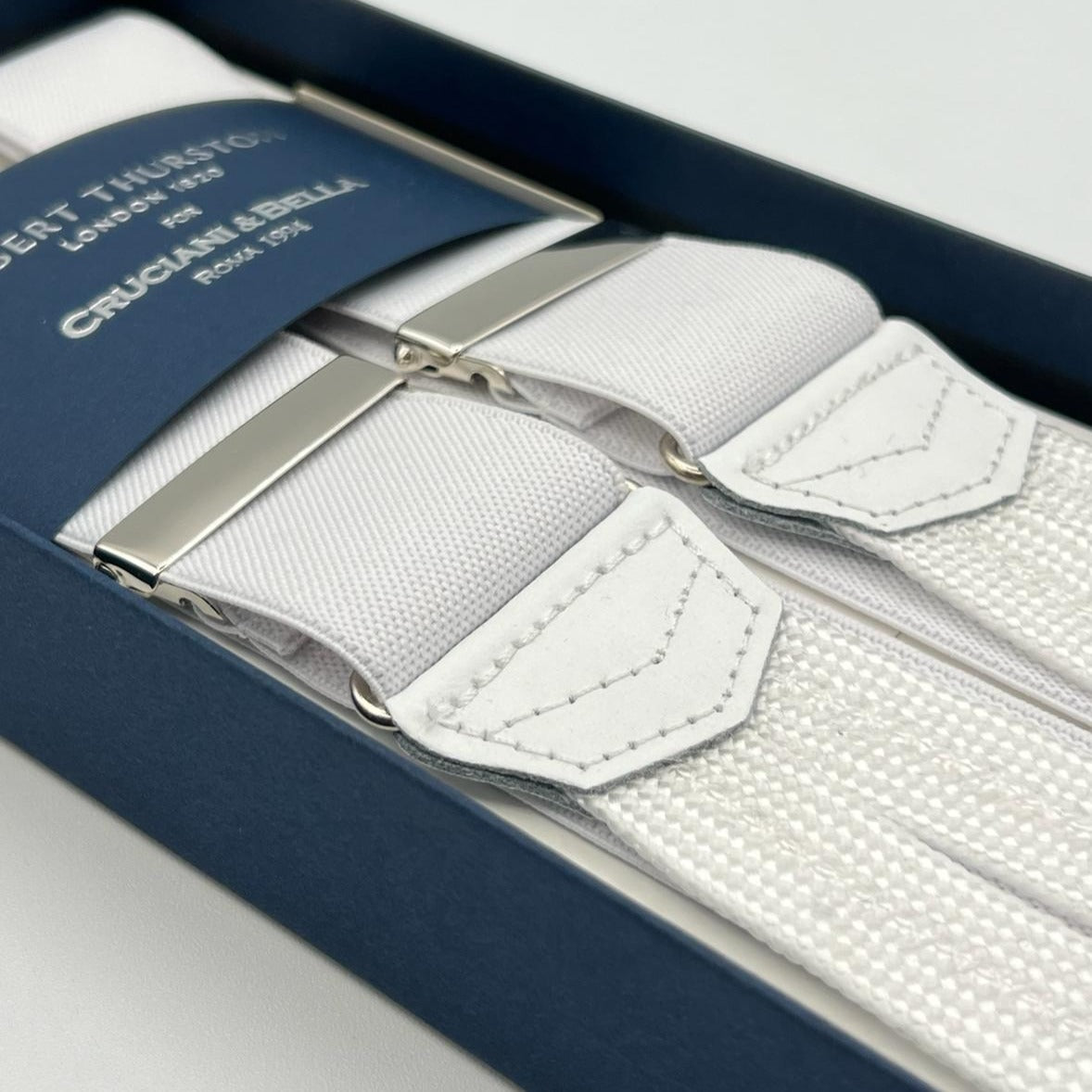 Albert Thurston for Cruciani & Bella Made in England Adjustable Sizing 35 mm elastic  braces White Plain Braid ends Y-Shaped Nickel Fittings Size: XL