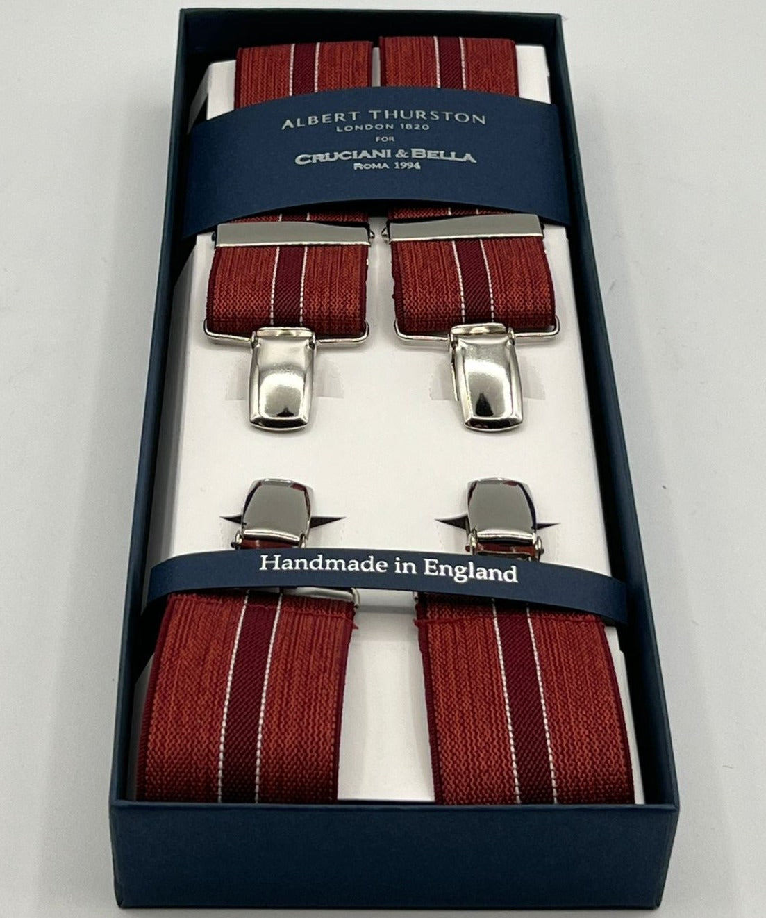 Albert Thurston for Cruciani & Bella Made in England Clip on Adjustable Sizing 35 mm elastic braces Red Melange and Red Stripe X-Shaped Nickel Fittings Size: L