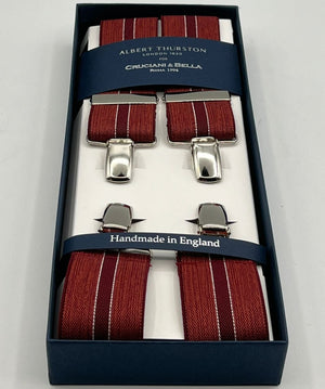 Albert Thurston for Cruciani & Bella Made in England Clip on Adjustable Sizing 35 mm elastic braces Red Melange and Red Stripe X-Shaped Nickel Fittings Size: L