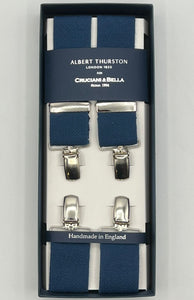 Albert Thurston for Cruciani & Bella Made in England Clip on Adjustable Sizing 35 mm elastic braces Denim Blue Plain X-Shaped Nickel Fittings Size: L