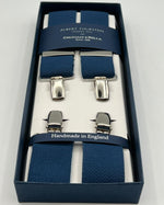 Albert Thurston for Cruciani & Bella Made in England Clip on Adjustable Sizing 35 mm elastic braces Denim Blue Plain X-Shaped Nickel Fittings Size: L