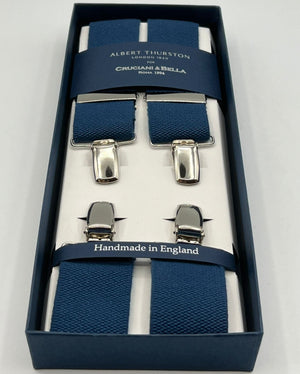 Albert Thurston for Cruciani & Bella Made in England Clip on Adjustable Sizing 35 mm elastic braces Denim Blue Plain X-Shaped Nickel Fittings Size: L