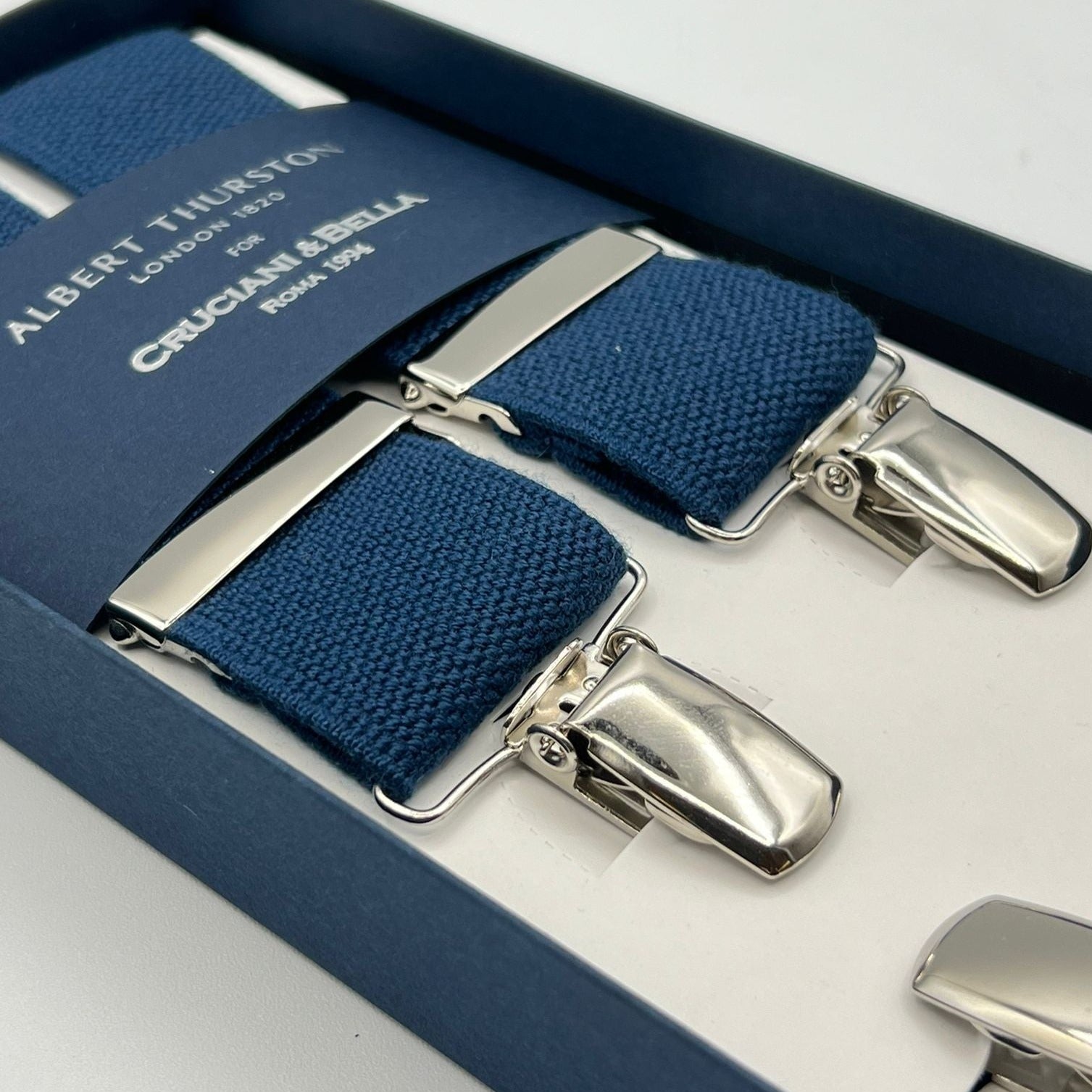 Albert Thurston for Cruciani & Bella Made in England Clip on Adjustable Sizing 35 mm elastic braces Denim Blue Plain X-Shaped Nickel Fittings Size: L