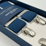 Albert Thurston for Cruciani & Bella Made in England Clip on Adjustable Sizing 35 mm elastic braces Denim Blue Plain X-Shaped Nickel Fittings Size: L