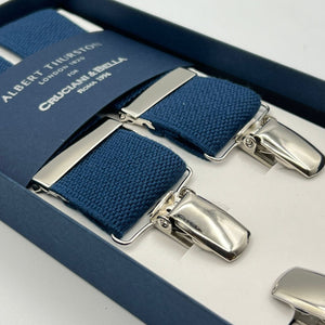 Albert Thurston for Cruciani & Bella Made in England Clip on Adjustable Sizing 35 mm elastic braces Denim Blue Plain X-Shaped Nickel Fittings Size: L