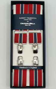 Albert Thurston for Cruciani & Bella Made in England Clip on Adjustable Sizing 35 mm elastic braces Red, White and Blue Stripes color X-Shaped Nickel Fittings Size: XL