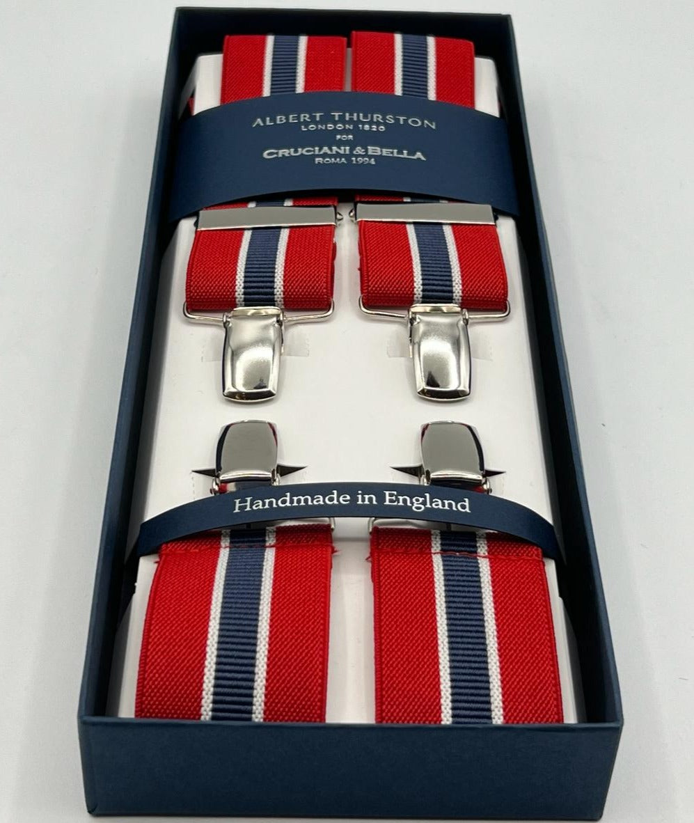 Albert Thurston for Cruciani & Bella Made in England Clip on Adjustable Sizing 35 mm elastic braces Red, White and Blue Stripes color X-Shaped Nickel Fittings Size: XL