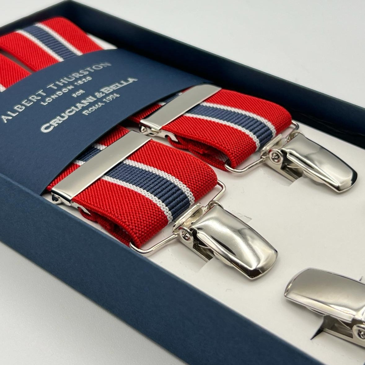 Albert Thurston for Cruciani & Bella Made in England Clip on Adjustable Sizing 35 mm elastic braces Red, White and Blue Stripes color X-Shaped Nickel Fittings Size: XL