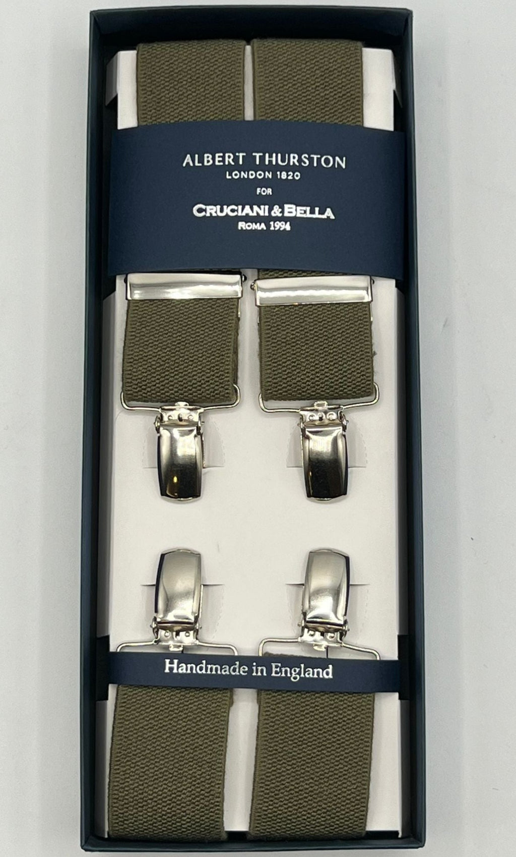 Albert Thurston for Cruciani & Bella Made in England Clip on Adjustable Sizing 35 mm elastic braces Military Green Plain X-Shaped Nickel Fittings Size: L