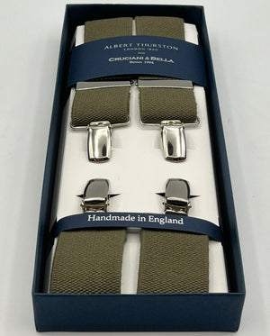 Albert Thurston for Cruciani & Bella Made in England Clip on Adjustable Sizing 35 mm elastic braces Military Green Plain X-Shaped Nickel Fittings Size: L