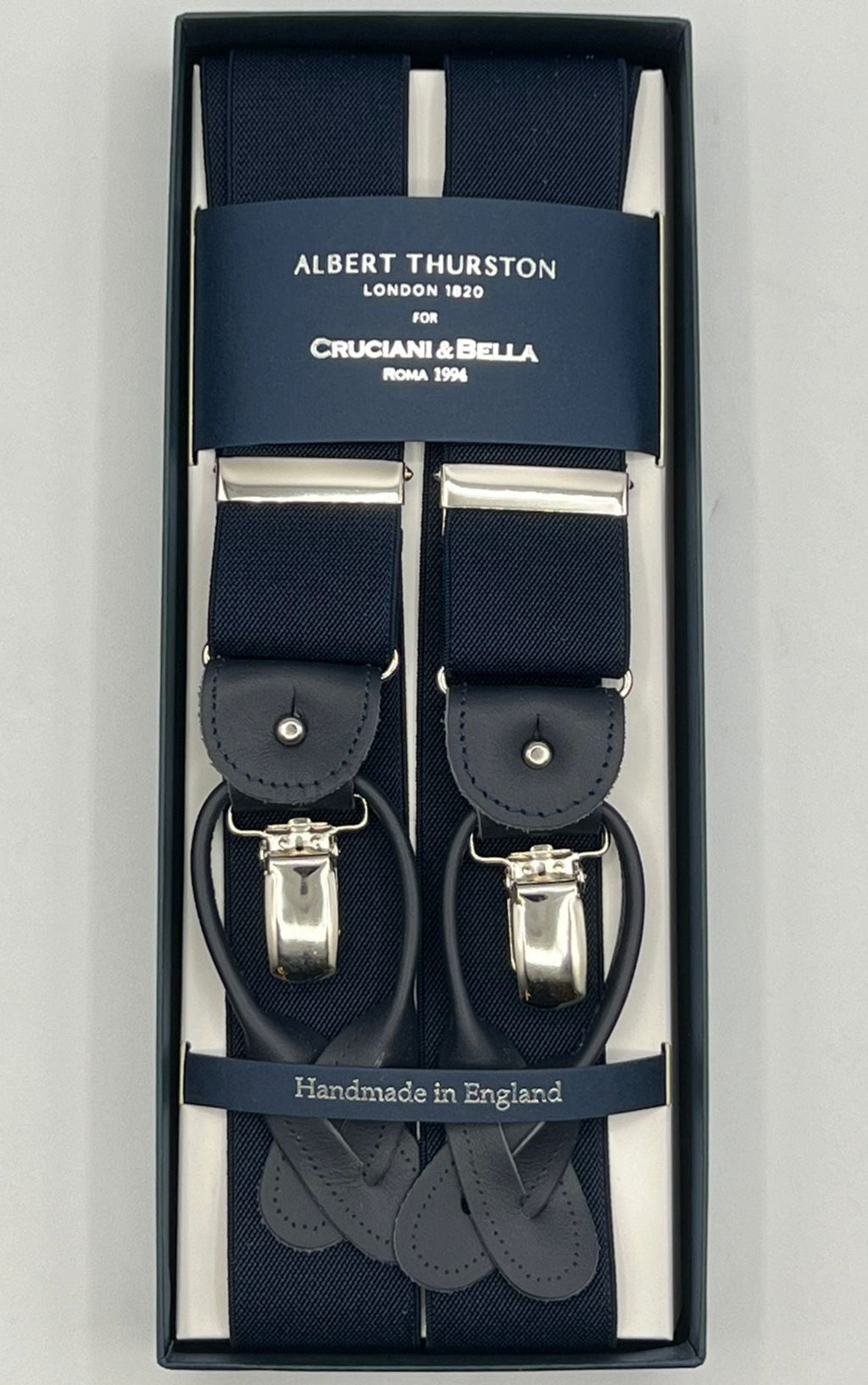 Albert Thurston for Cruciani & Bella Made in England 2 in 1 Adjustable Sizing 35 mm elastic braces Blue Plain Y-Shaped Nickel Fittings Size MULTIFIT