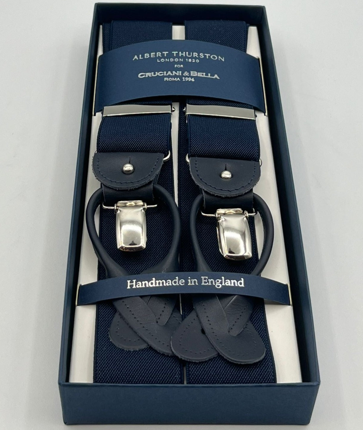 Albert Thurston for Cruciani & Bella Made in England 2 in 1 Adjustable Sizing 35 mm elastic braces Blue Plain Y-Shaped Nickel Fittings Size MULTIFIT