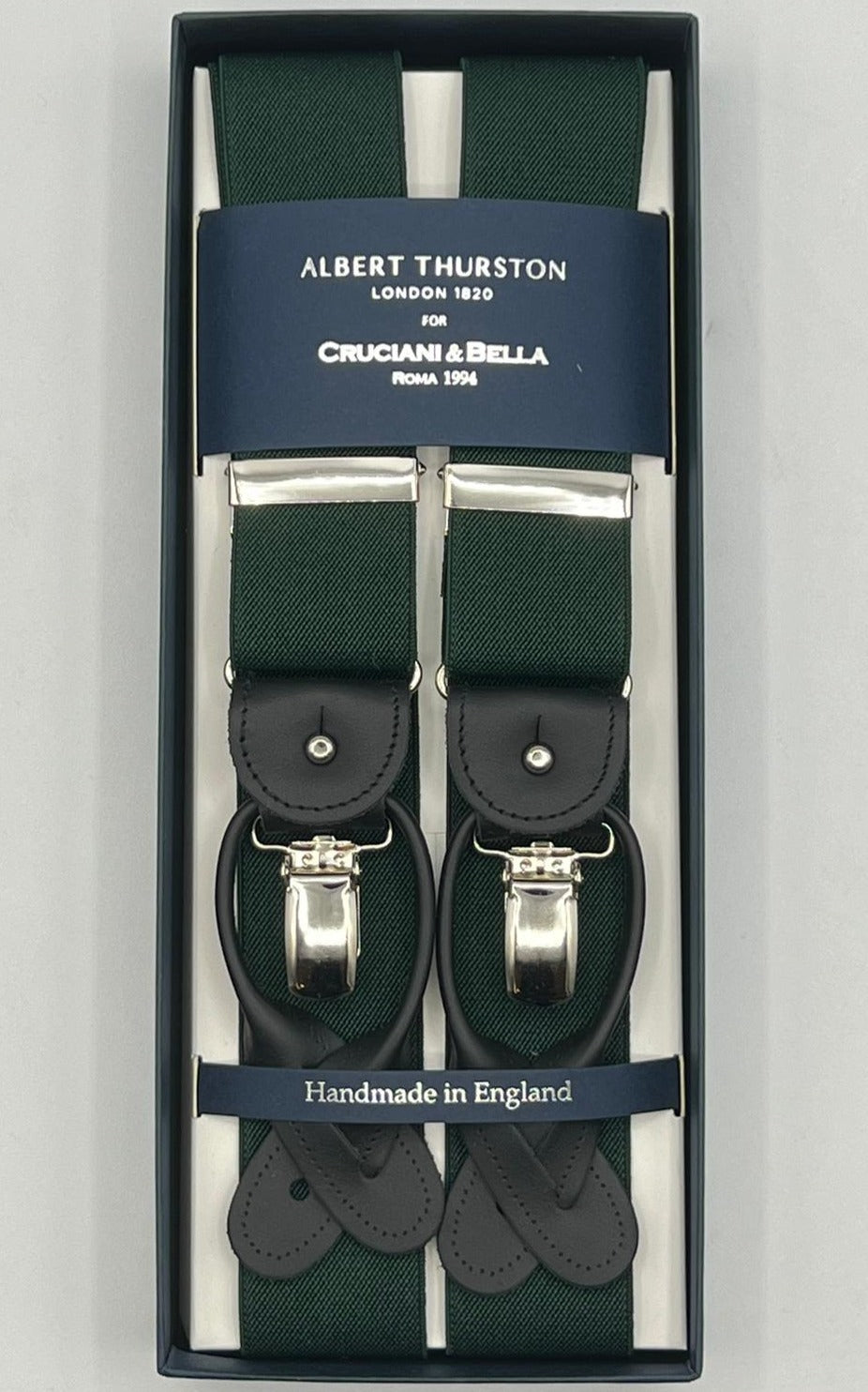 Albert Thurston for Cruciani & Bella Made in England 2 in 1 Adjustable Sizing 35 mm elastic braces Plain Bottle Green Y-Shaped Nickel Fittings Size MULTIFIT