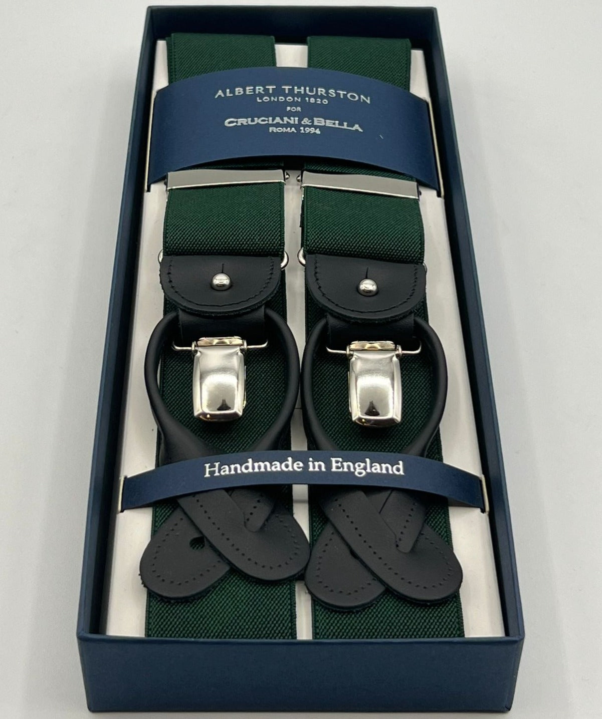 Albert Thurston for Cruciani & Bella Made in England 2 in 1 Adjustable Sizing 35 mm elastic braces Plain Bottle Green Y-Shaped Nickel Fittings Size MULTIFIT