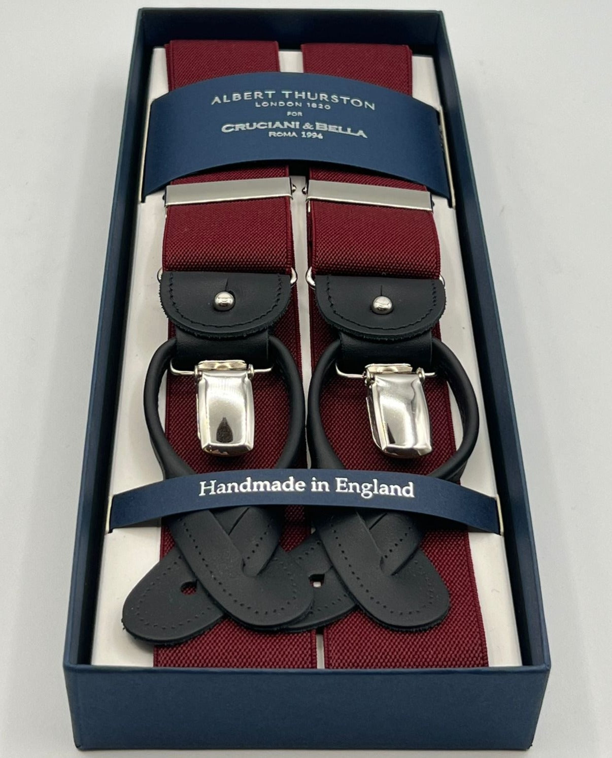 Albert Thurston for Cruciani & Bella Made in England 2 in 1 Adjustable Sizing 35 mm elastic braces Red Wine Plain Y-Shaped Nickel Fittings Size MULTIFIT