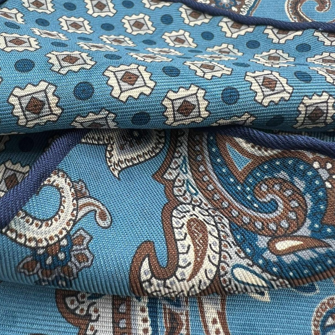 Holliday & Brown Hand-rolled   Holliday & Brown for Cruciani & Bella 100% Silk Light Blue Brown and Off White Double Faces Paisley  Motif  Pocket Square Handmade in Italy 32 cm X 32 cm