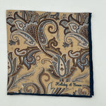 Holliday & Brown Hand-rolled   Holliday & Brown for Cruciani & Bella 100% Silk Beige, Light Brown and Blue paisley Double Faces Paisley  Motif  Pocket Square Handmade in Italy 32 cm X 32 cm