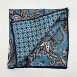 Holliday & Brown Hand-rolled   Holliday & Brown for Cruciani & Bella 100% Silk Light Blue Brown and Off White Double Faces Paisley  Motif  Pocket Square Handmade in Italy 32 cm X 32 cm