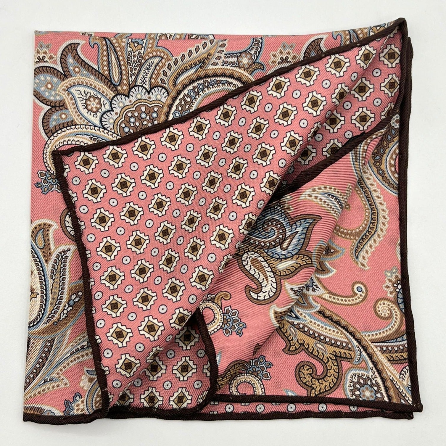 Holliday & Brown Hand-rolled   Holliday & Brown for Cruciani & Bella 100% Silk Antique Pink colour, Light Brown and Off White Double Faces Paisley  Motif  Pocket Square Handmade in Italy 32 cm X 32 cm