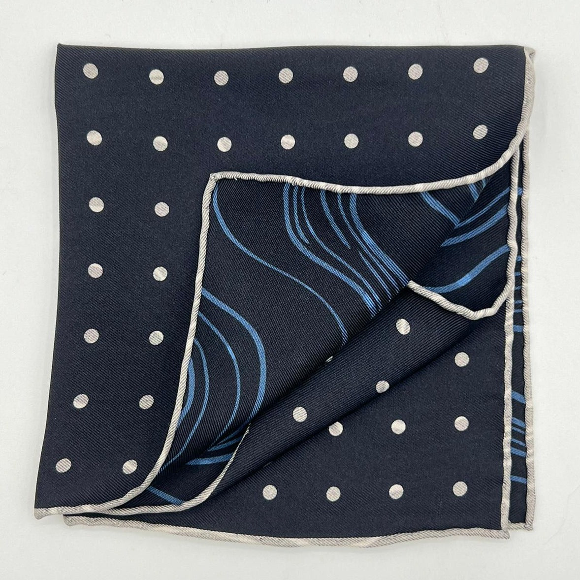 Holliday & Brown Hand-rolled   Holliday & Brown for Cruciani & Bella 100% Silk Blue and Off White Double Faces Dots Motif  Pocket Square Handmade in Italy 32 cm X 32 cm