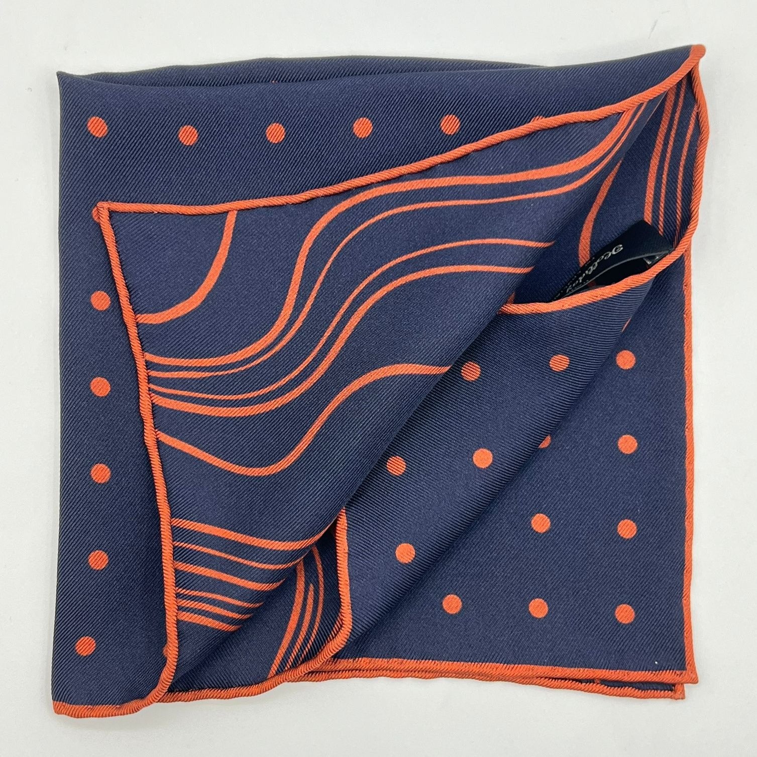 Holliday & Brown Hand-rolled   Holliday & Brown for Cruciani & Bella 100% Silk Blue and Brick Double Faces Dots Motif  Pocket Square Handmade in Italy 32 cm X 32 cm