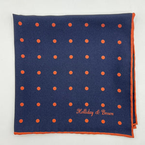 Holliday & Brown Hand-rolled   Holliday & Brown for Cruciani & Bella 100% Silk Blue and Brick Double Faces Dots Motif  Pocket Square Handmade in Italy 32 cm X 32 cm