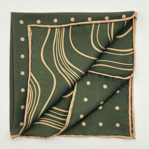 Holliday & Brown Hand-rolled   Holliday & Brown for Cruciani & Bella 100% Silk Green and Light Brown Double Faces Dots Motif  Pocket Square Handmade in Italy 32 cm X 32 cm