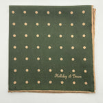 Holliday & Brown Hand-rolled   Holliday & Brown for Cruciani & Bella 100% Silk Green and Light Brown Double Faces Dots Motif  Pocket Square Handmade in Italy 32 cm X 32 cm