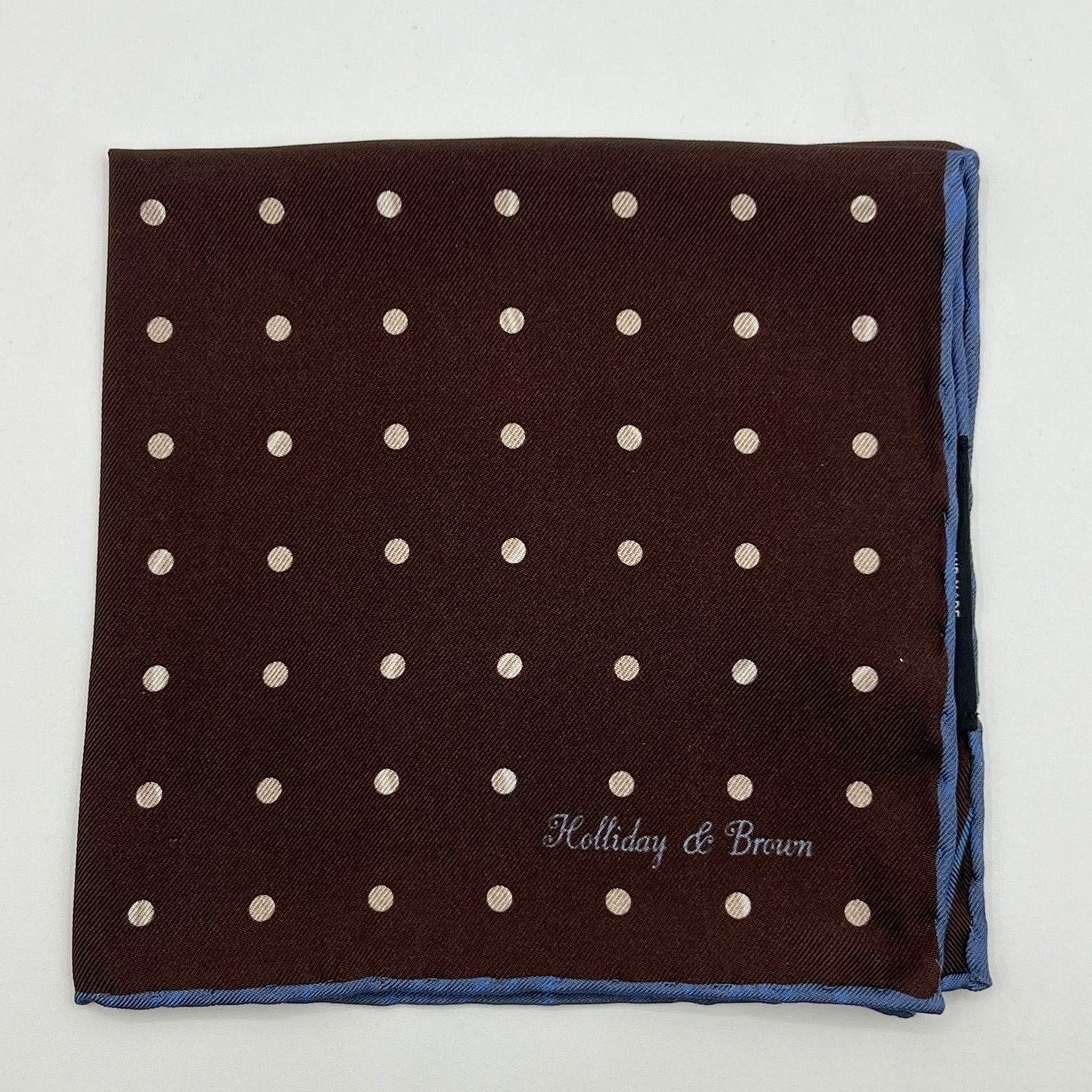 Holliday & Brown Hand-rolled   Holliday & Brown for Cruciani & Bella 100% Silk Brown and Off White Double Faces Dots Motif  Pocket Square Handmade in Italy 32 cm X 32 cm