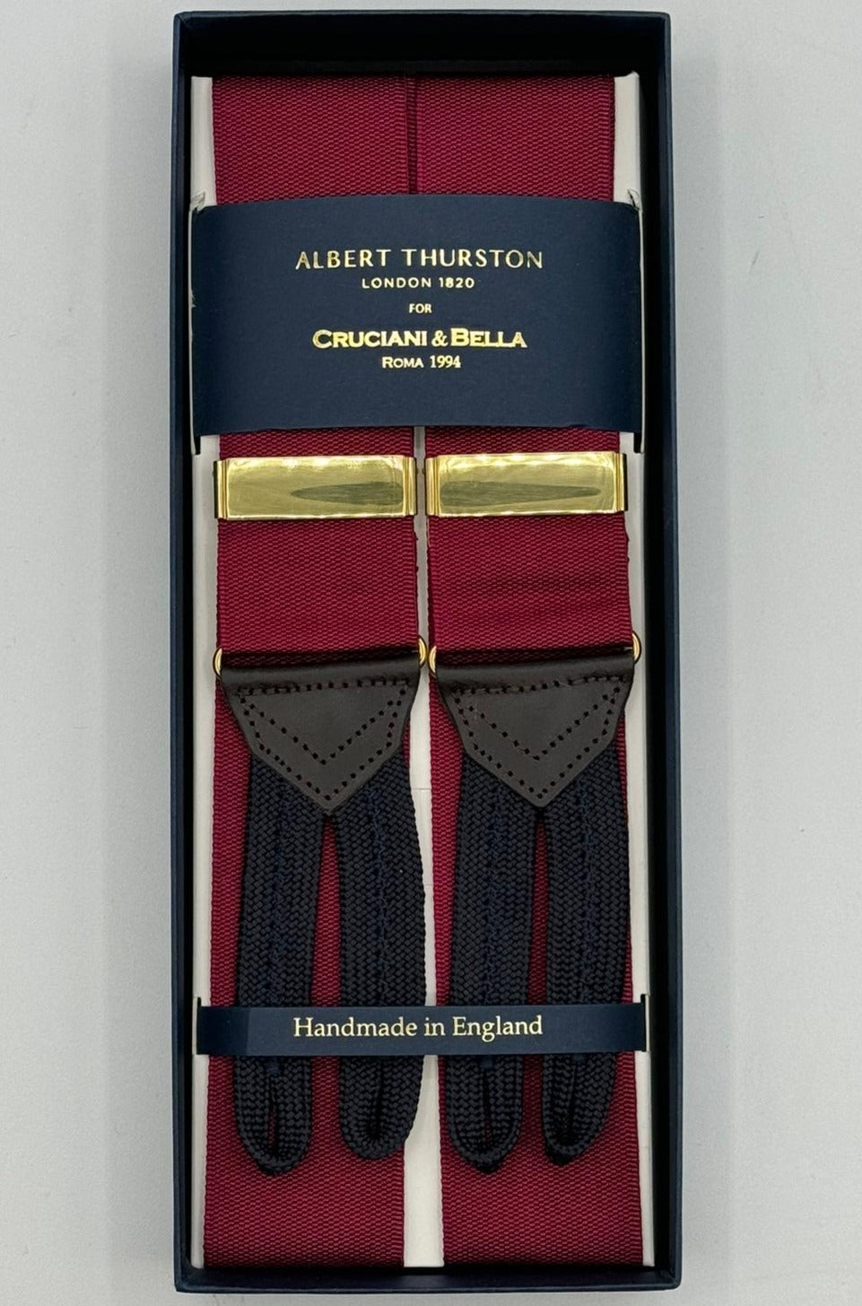 <ul> <li>Albert Thurston for Cruciani &amp; Bella</li> <li>Made in England</li> <li>Adjustable Sizing</li> <li>40 mm Woven Barathea&nbsp;</li> <li>Wine Plain Braces</li> <li>Braid ends</li> <li>Y-Shaped</li> <li>Gold Fittings</li> <li>Size: MULTIFIT</li> </ul>