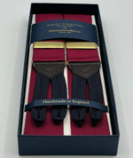 <ul> <li>Albert Thurston for Cruciani &amp; Bella</li> <li>Made in England</li> <li>Adjustable Sizing</li> <li>40 mm Woven Barathea&nbsp;</li> <li>Wine Plain Braces</li> <li>Braid ends</li> <li>Y-Shaped</li> <li>Gold Fittings</li> <li>Size: MULTIFIT</li> </ul>