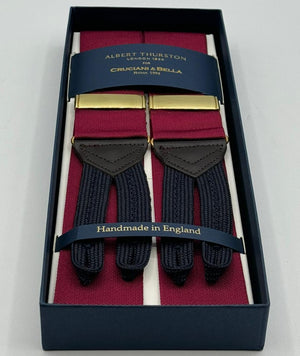 <ul> <li>Albert Thurston for Cruciani &amp; Bella</li> <li>Made in England</li> <li>Adjustable Sizing</li> <li>40 mm Woven Barathea&nbsp;</li> <li>Wine Plain Braces</li> <li>Braid ends</li> <li>Y-Shaped</li> <li>Gold Fittings</li> <li>Size: MULTIFIT</li> </ul>