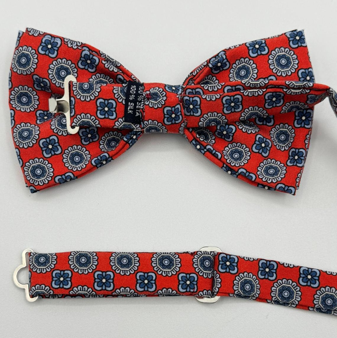 Cruciani & Bella Bow Ties - Printed Madder Silk  - Pale Red, Blue and Light Blue motif #8002