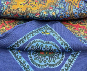 Cruciani &amp; Bella Hand-rolled&nbsp;&nbsp; 100% Silk Blue, Green Light Blue, Yellow,Red and Gold Double Faces Patterned&nbsp; Motif&nbsp; Pocket Square Made in England 32 cm X 32 cm