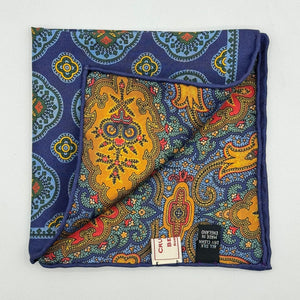 Cruciani &amp; Bella Hand-rolled&nbsp;&nbsp; 100% Silk Blue, Green Light Blue, Yellow,Red and Gold Double Faces Patterned&nbsp; Motif&nbsp; Pocket Square Made in England 32 cm X 32 cm