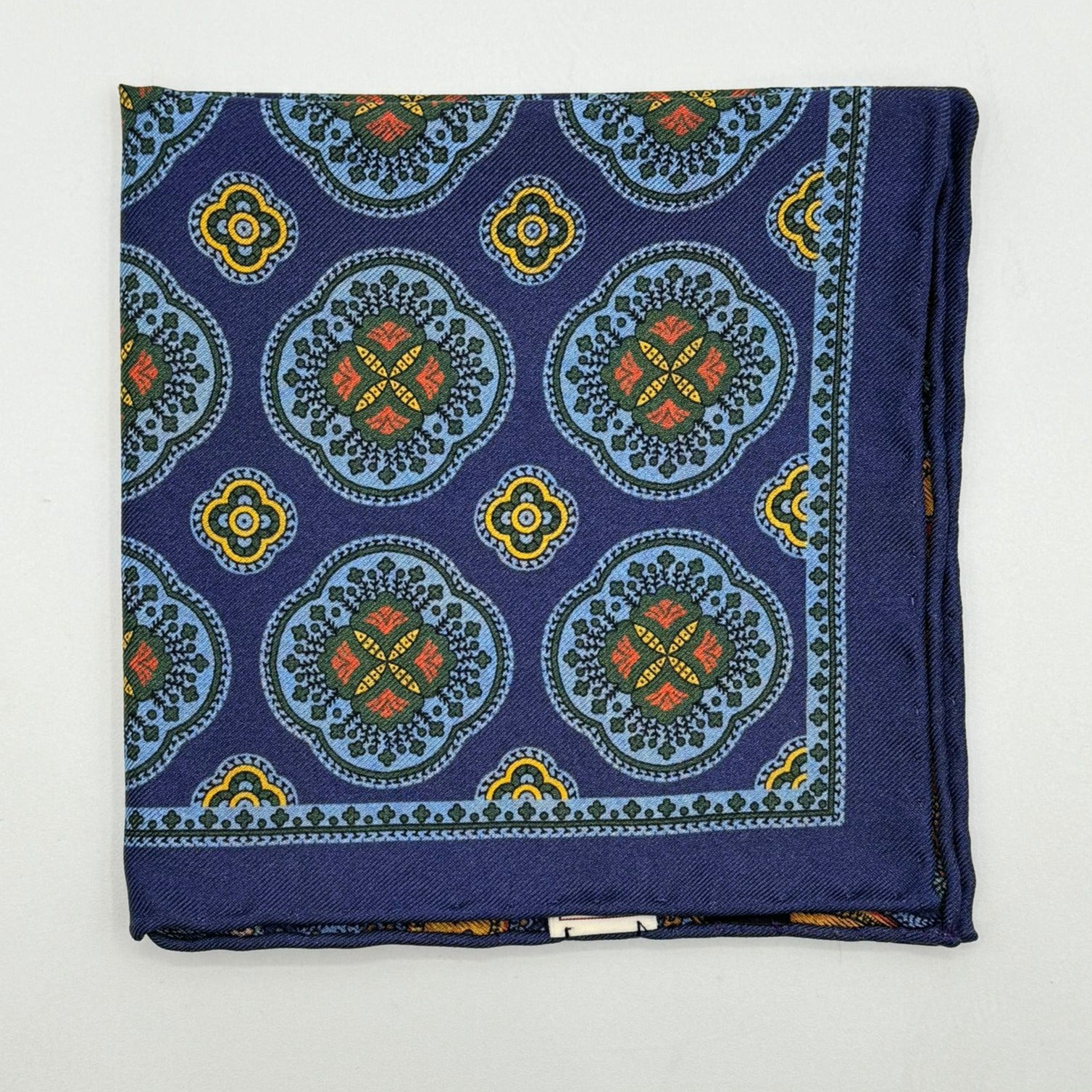 Cruciani &amp; Bella Hand-rolled&nbsp;&nbsp; 100% Silk Blue, Green Light Blue, Yellow,Red and Gold Double Faces Patterned&nbsp; Motif&nbsp; Pocket Square Made in England 32 cm X 32 cm