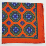 Cruciani &amp; Bella Hand-rolled&nbsp;&nbsp; 100% Silk Orange, Green, Light Blue, Purple and Brown Double Patterned&nbsp; Motif&nbsp; Pocket Square Made in England 33 cm X 33 cm