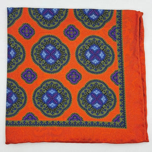 Cruciani &amp; Bella Hand-rolled&nbsp;&nbsp; 100% Silk Orange, Green, Light Blue, Purple and Brown Double Patterned&nbsp; Motif&nbsp; Pocket Square Made in England 33 cm X 33 cm