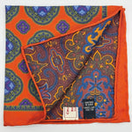 Cruciani &amp; Bella Hand-rolled&nbsp;&nbsp; 100% Silk Orange, Green, Light Blue, Purple and Brown Double Patterned&nbsp; Motif&nbsp; Pocket Square Made in England 33 cm X 33 cm