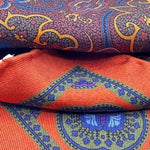 Cruciani &amp; Bella Hand-rolled&nbsp;&nbsp; 100% Silk Orange, Green, Light Blue, Purple and Brown Double Patterned&nbsp; Motif&nbsp; Pocket Square Made in England 33 cm X 33 cm