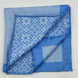 Cruciani &amp; Bella Hand-rolled&nbsp;&nbsp; 100% Silk Light Blue and White Double Faces Patterned&nbsp; Motif&nbsp; Pocket Square Made in England 33 cm X 33 cm