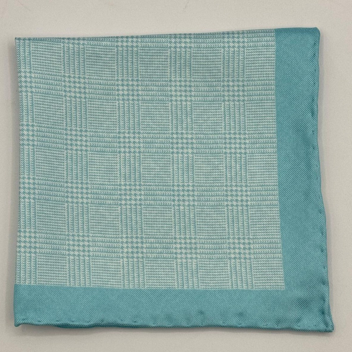 Cruciani &amp; Bella Hand-rolled&nbsp;&nbsp; 100% Silk Aquamarine and White Double Faces Patterned&nbsp; Motif&nbsp; Pocket Square Made in England 33 cm X 33 cm