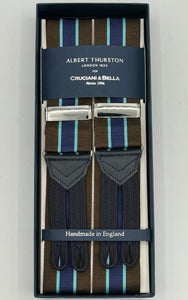 Albert Thurston for Cruciani &amp; Bella Made in England Adjustable Sizing 40 mm Woven Barathea&nbsp; Brown, Blue and Light Blue Stripes&nbsp; Motif&nbsp; Braces Y-Shaped Nickel Fittings Blue Leather Size: MULTIFIT