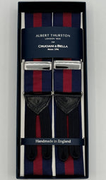 Albert Thurston for Cruciani &amp; Bella Made in England Adjustable Sizing 40 mm Woven Barathea&nbsp; Blue and Red Stripes Braces Braid ends Y-Shaped Nickel Fittings Size: MULTIFIT