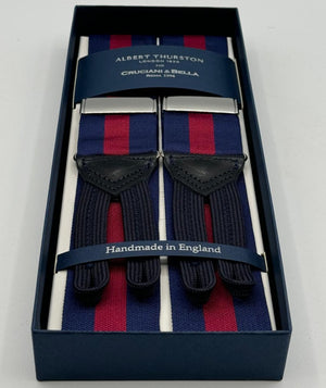Albert Thurston for Cruciani &amp; Bella Made in England Adjustable Sizing 40 mm Woven Barathea&nbsp; Blue and Red Stripes Braces Braid ends Y-Shaped Nickel Fittings Size: MULTIFIT