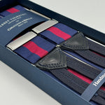 Albert Thurston for Cruciani &amp; Bella Made in England Adjustable Sizing 40 mm Woven Barathea&nbsp; Blue and Red Stripes Braces Braid ends Y-Shaped Nickel Fittings Size: MULTIFIT