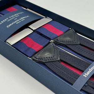Albert Thurston for Cruciani &amp; Bella Made in England Adjustable Sizing 40 mm Woven Barathea&nbsp; Blue and Red Stripes Braces Braid ends Y-Shaped Nickel Fittings Size: MULTIFIT