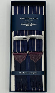 Albert Thurston for Cruciani &amp; Bella Made in England Adjustable Sizing 40 mm Woven Barathea&nbsp; Blue and Beige Stripes&nbsp; Motif&nbsp; Braces Y-Shaped Nickel Fittings MULTIFIT